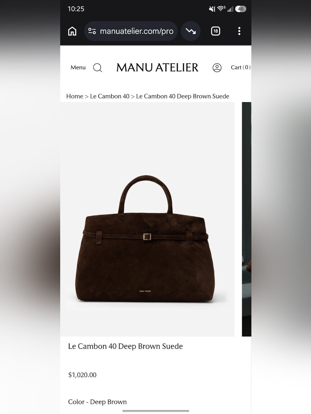 🌟 MANU ATELIER Le Cambon 40 Suede Top-Handle Bag in Deep Brown, NEW